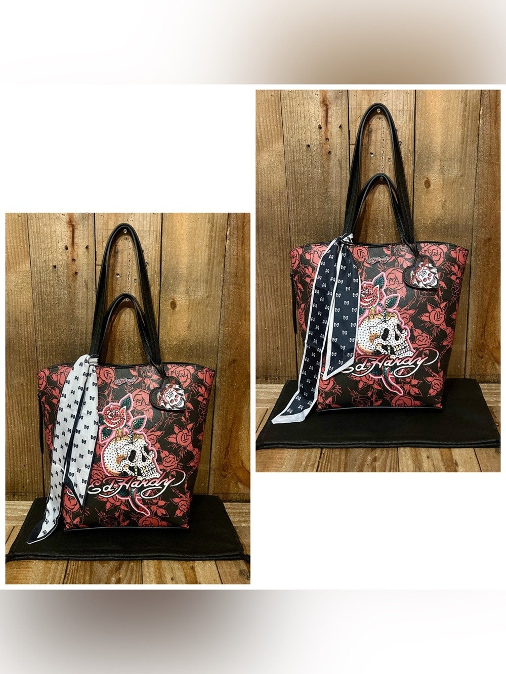 Ed Hardy. Skull and Roses Tote Bag with Free Bag Scarf & Dust Bag. - Picture 5 of 16